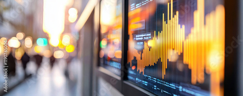 Visualize market trends with vibrant display of financial data and sunset