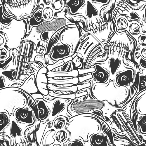 Gangster seamless pattern with skulls, knuckles, guns, skeleton hands holding american dollars. Vector illustration background, wallpaper.
