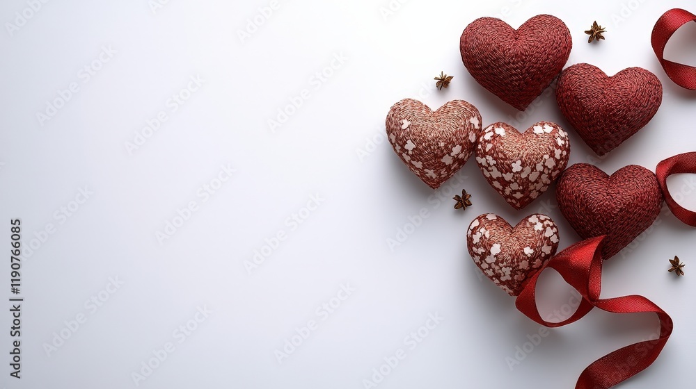 A collection of red hearts decorated with red ribbons arranged on a white background valentine day A collection of red hearts decorated with red ribbons arranged on a white background valentine day