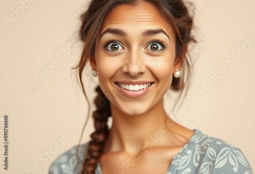 Surprised female portrait with bright smile and direct gaze photo