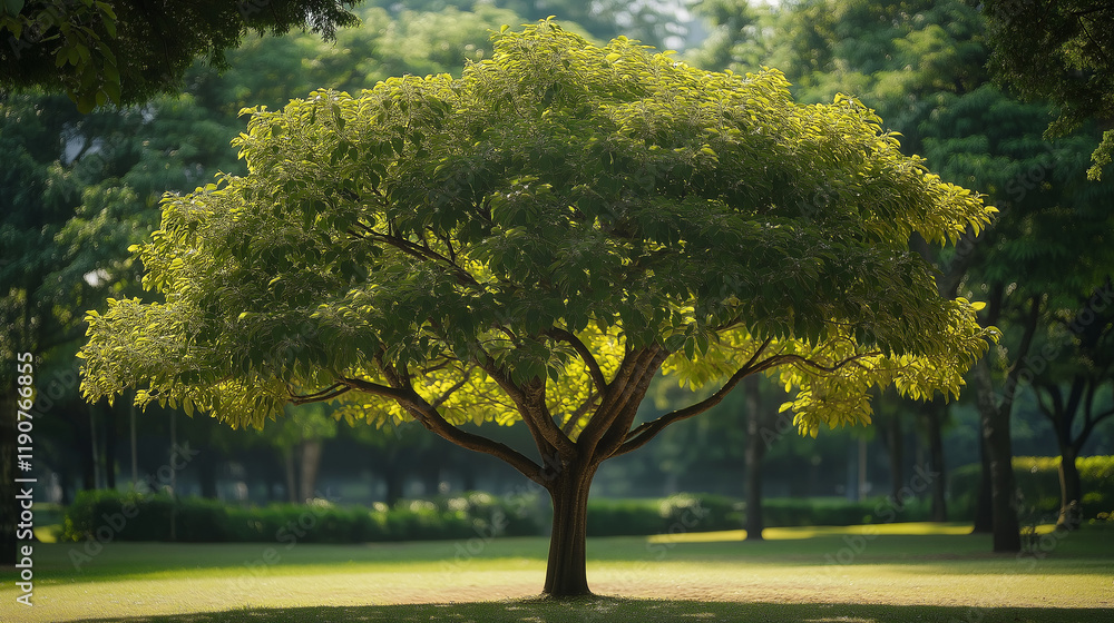 Naklejka premium Blurred Nature Garden Background with Greenery and Defocused Trees