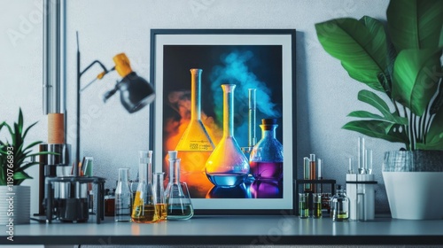 Luxury sciencethemed poster template highlighting detailed images of chemical reactions and laboratory equipment photo