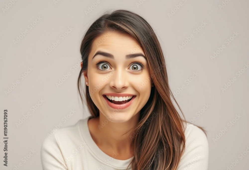 Surprised female portrait with bright smile and direct gaze Surprised female portrait with bright smile and direct gaze