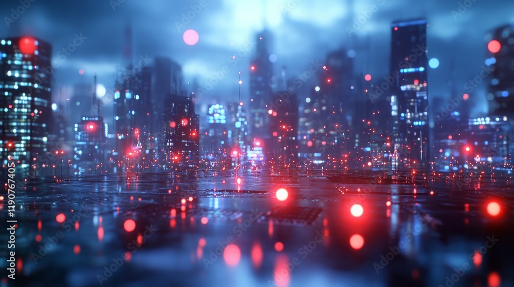 A futuristic cityscape illuminated by vibrant red and blue lights, creating a cyberpunk atmosphere. A futuristic cityscape illuminated by vibrant red and blue lights, creating a cyberpunk atmosphere.