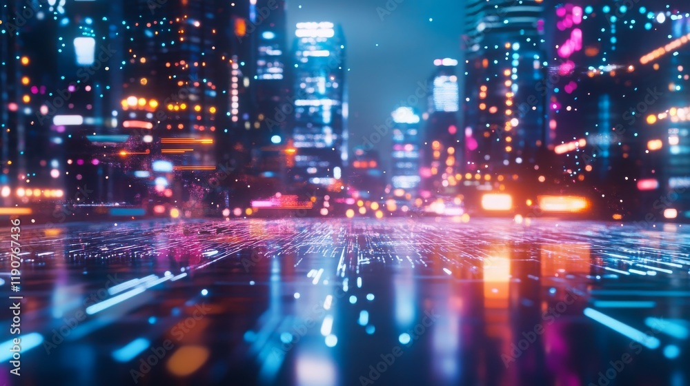 Fototapeta premium A futuristic cityscape with vibrant lights and digital elements.