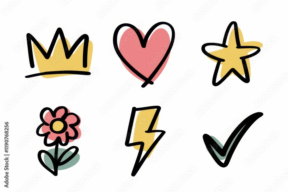Hand Drawn Colorful Icons Crown Heart Star Flower