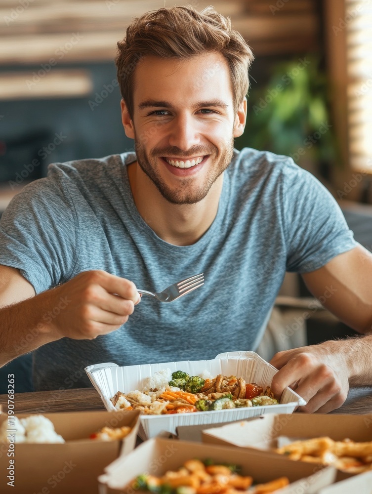 consumption, delivery and people concept - smiling man with fork and knife eating takeaway food at home consumption, delivery and people concept - smiling man with fork and knife eating takeaway food at home