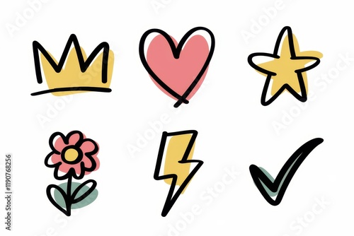 Hand Drawn Colorful Icons Crown Heart Star Flower photo