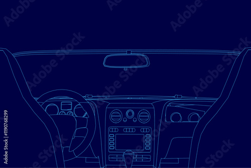 Blue cartoon drawing of a car dashboard with a steering wheel and a radio. Concept of modern technology and sleek design