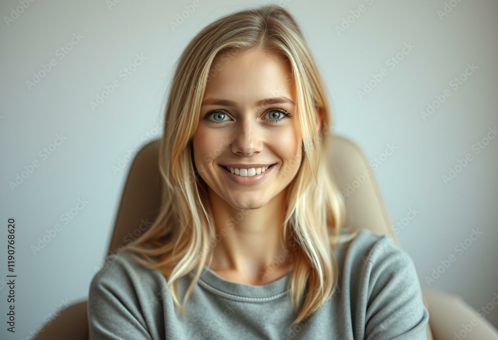 Nordic blond female portrait with gentle complexion and warm gaze Nordic blond female portrait with gentle complexion and warm gaze
