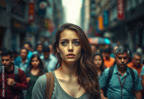 Wallpaper Mural Woman lost in thought in a crowded city street Torontodigital.ca