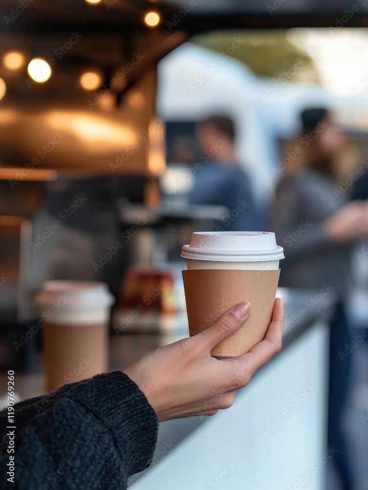 Multiracial people ordering food at counter in food truck outdoor - Focus on woman hand holding coffee Multiracial people ordering food at counter in food truck outdoor - Focus on woman hand holding coffee