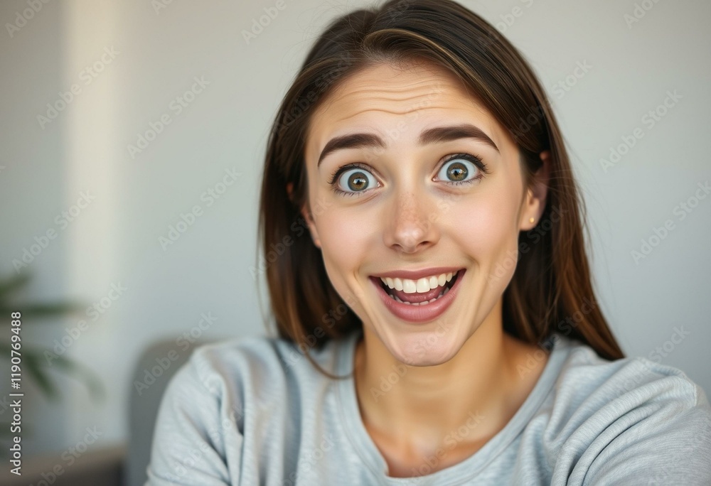 Surprised female portrait with a bright smile and wide-open eyes Surprised female portrait with a bright smile and wide-open eyes