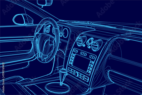 Blue car interior with a steering wheel and cup holder.