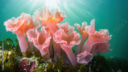 Elegant pink hydrozoan colony glowing underwater with vibrant seaweed photo