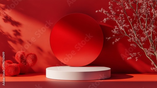 Red product display podium on a bold red background, perfect for valentine's day promotions, gift showcases, and love-themed marketing campaigns
 photo