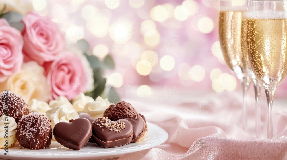 Romantic Valentine's Day Setting with Chocolate Treats, Roses, and Champagne