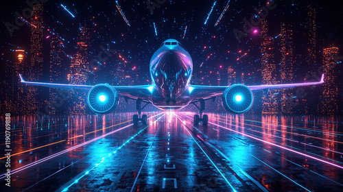 Futuristic airplane on neon runway at night.