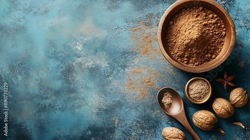 Whole inshell nut and nutmeg powder in a wooden photo