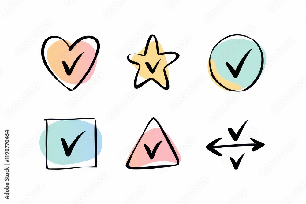 Colorful Checkmarks Inside Various Shapes Displayed Colorful Checkmarks Inside Various Shapes Displayed