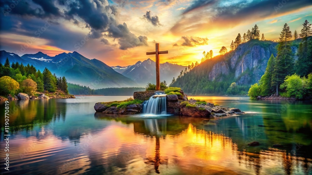 Fototapeta premium Serene Sunset: Christian Cross on Island Waterfall Landscape