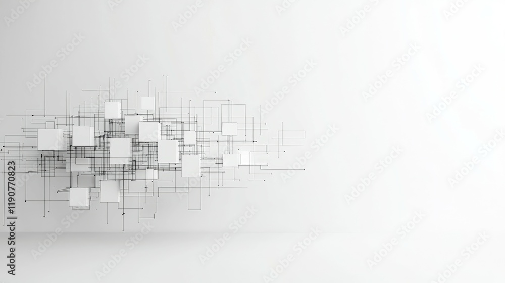 Abstract composition of interconnected lines and squares on a minimalist background. Abstract composition of interconnected lines and squares on a minimalist background.