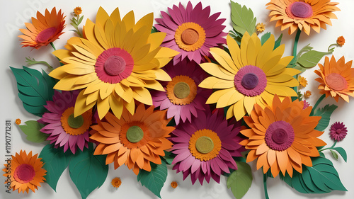 Colorful paper flower bouquet arrangement on white background photo