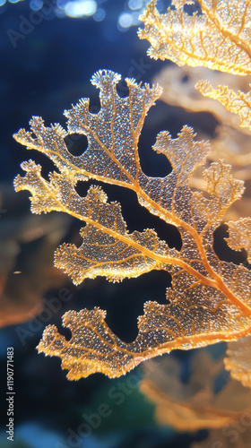 Golden hued hydroid colony resembling intricate coral structures photo