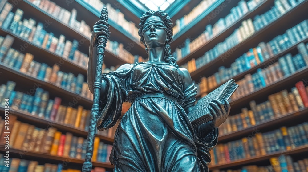 Obraz premium Statue of Justice in an Opulent Library Setting with Colorful Books
