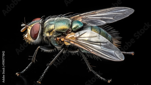 Close up Detailed macro of a Bluebottle fly on Black Background photo