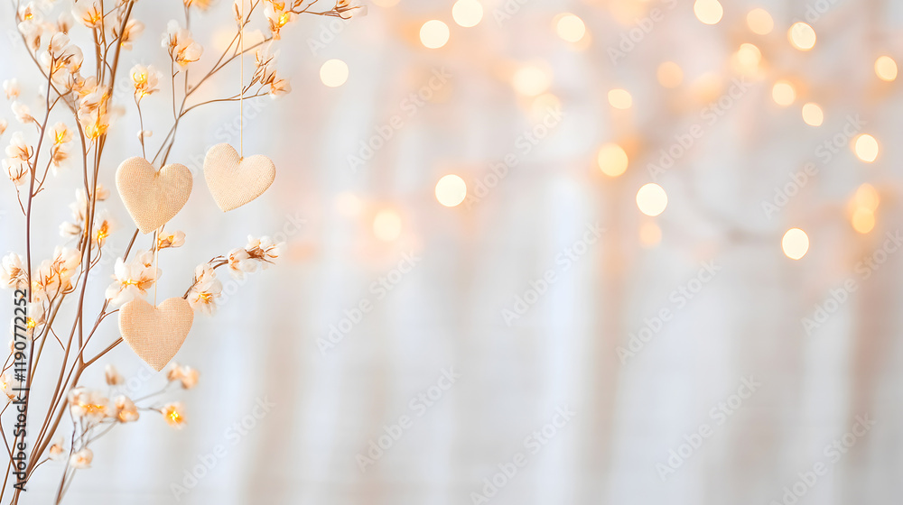 Fototapeta premium Soft romantic fabric hearts hanging on delicate floral branches with a bokeh background with copy space, ideal for wedding invitations or romantic cards. Selective focus