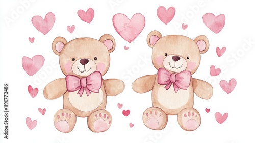 Two Adorable Teddy Bears with Pink Hearts Watercolor Illustration