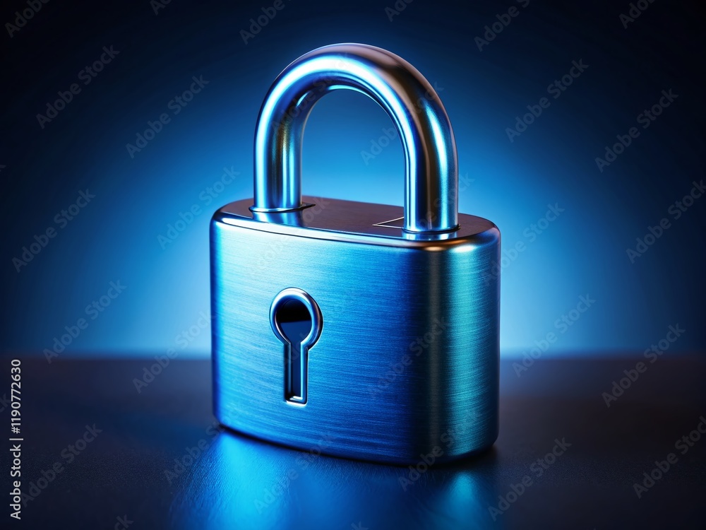 Shiny Blue Metal Padlock 3D Render - Unlocked Security Safe Dark Blue Background Shiny Blue Metal Padlock 3D Render - Unlocked Security Safe Dark Blue Background