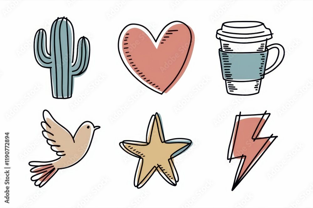 Fototapeta premium Six Hand Drawn Cute Illustrations Featuring Nature and Objects