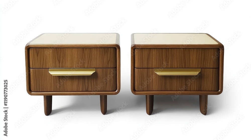 Two matching mid-century modern wooden bedside tables with brass drawer pulls and cream tops. Two matching mid-century modern wooden bedside tables with brass drawer pulls and cream tops.