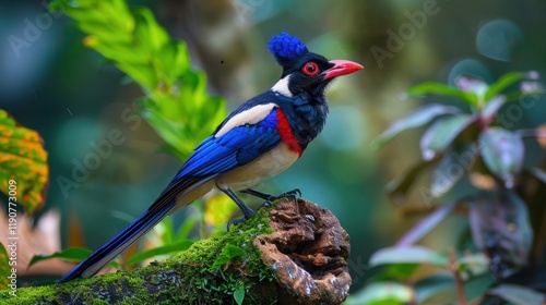 Taiwan Blue Magpie (Urocissa caerulea) is an emblematic endemic bird species of Taiwan. Social, intelligent, loud, and gregarious, the colorful bird