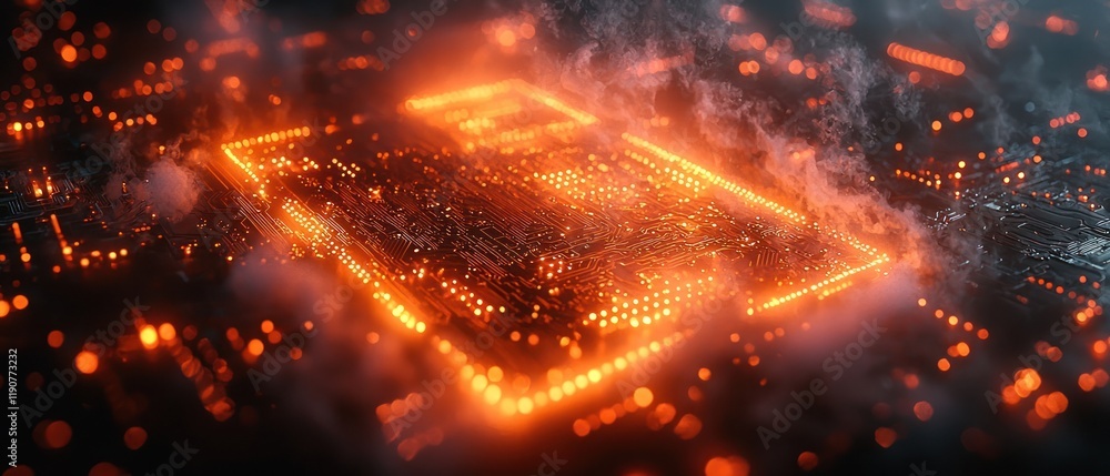 Abstract depiction of a glowing microchip design. Abstract depiction of a glowing microchip design.