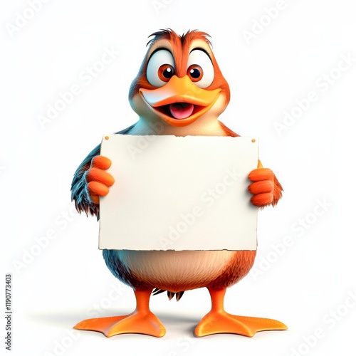 Quirky duck with surprised expression happily holding blank sign in a cheerful pose