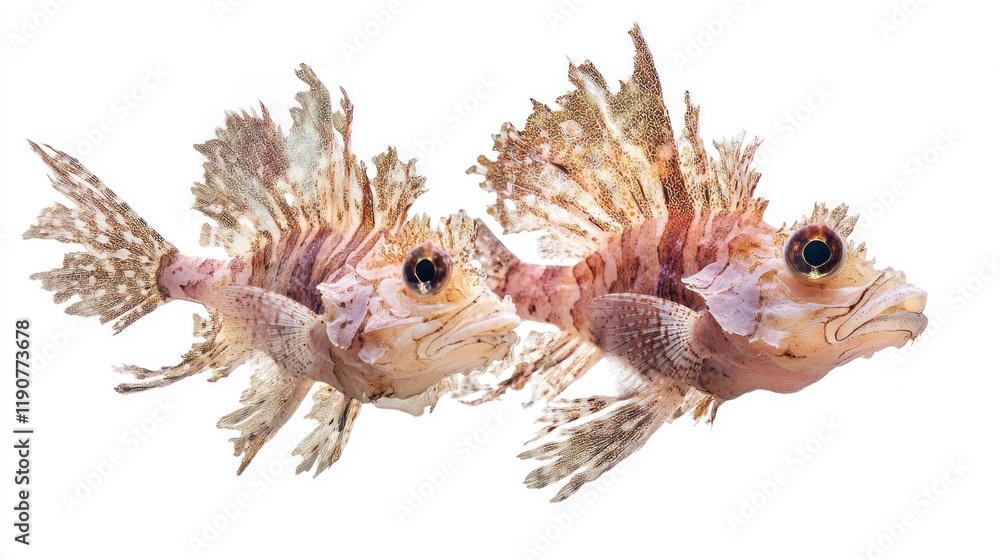 Obraz premium Two ornate ghost pipefish swim side-by-side against a white background.