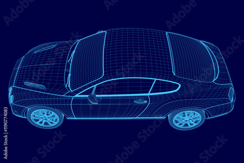 Blue car with a futuristic design. The car is shown in a 3D format, giving it a sleek and modern appearance. The blue color of the car adds to its futuristic look