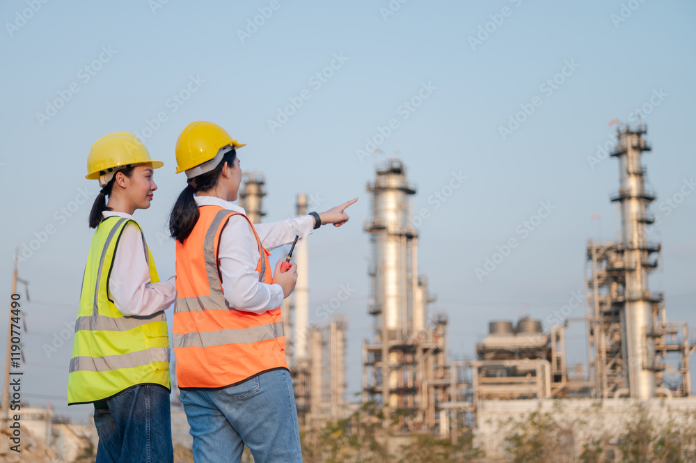 Two female Asian engineers standing back wearing safety uniforms standing in front of an oil refinery with walkie-talkies and tablets monitoring the background work of the oil refinery. Two female Asian engineers standing back wearing safety uniforms standing in front of an oil refinery with walkie-talkies and tablets monitoring the background work of the oil refinery.