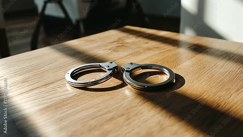Handcuffs Silhouette on Wooden Table in Police Interrogation Room
