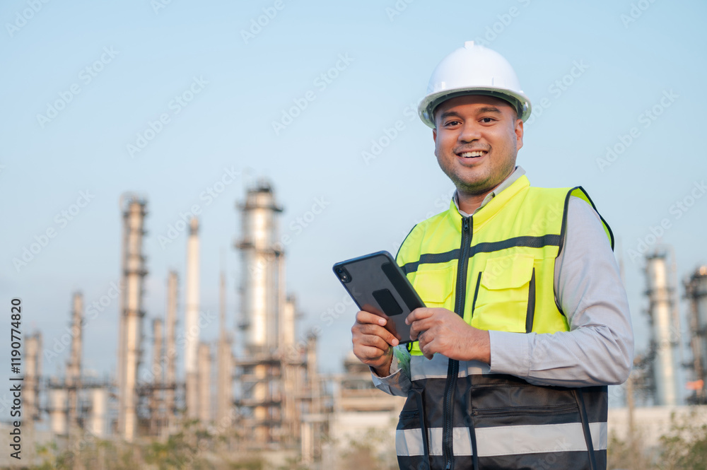 Fototapeta premium Asian male engineer wearing a safety uniform stands in front of an oil refinery with a tablet device monitoring the work in the background of the oil refinery. Petrochemical Gas Industrial Zone