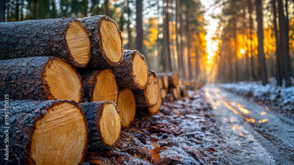 Stunning Stacked Logs in a Frosty Forest Path at Sunrise
