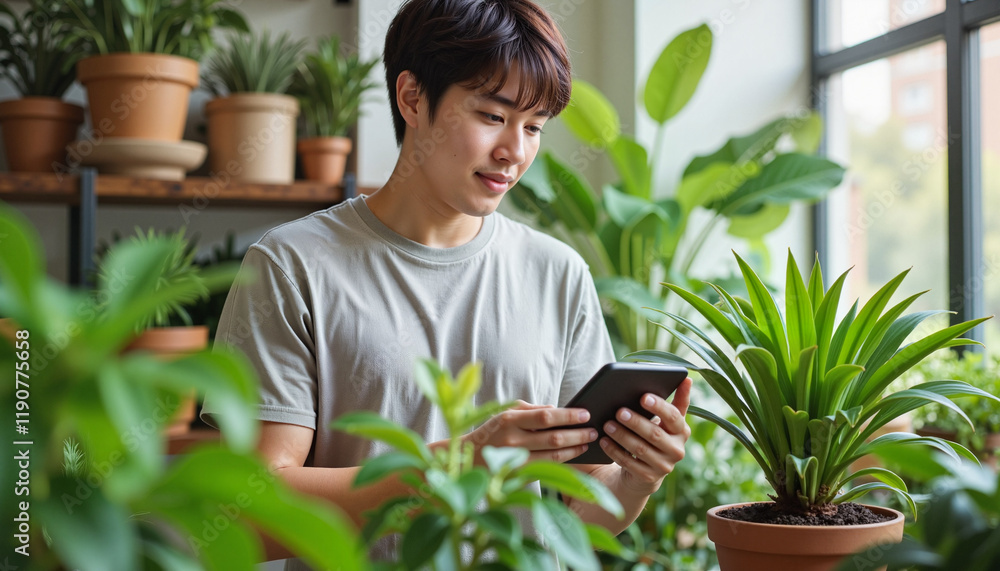 Young Asian man browsing plants in urban plant shop, nature connection Young Asian man browsing plants in urban plant shop, nature connection