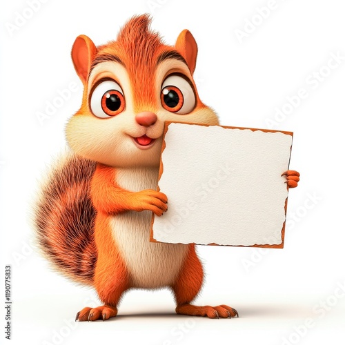 Quirky squirrel with surprised expression holding a blank sign against a plain background