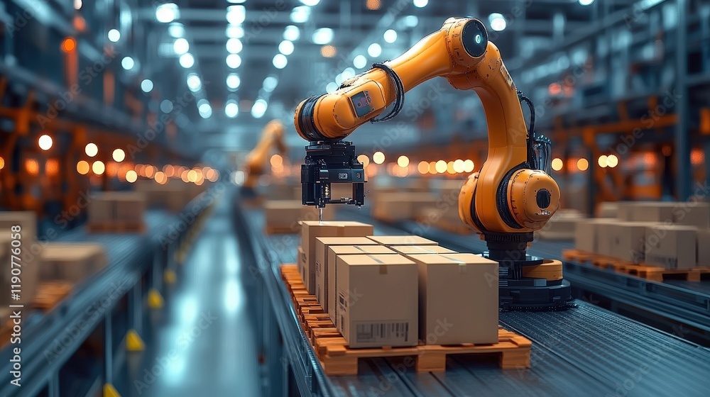 Fototapeta premium Smart Warehouse Automation with Robotic Arm Handling Boxes Efficiently in a Modern Logistics Facility