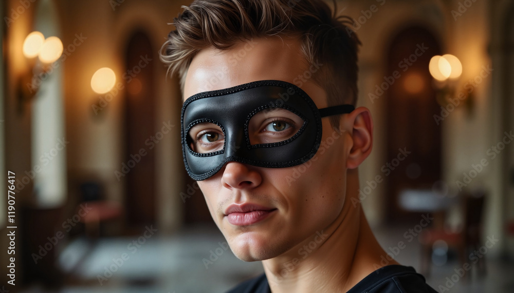 Handsome young man wearing black masquerade mask indoors, mystery Handsome young man wearing black masquerade mask indoors, mystery