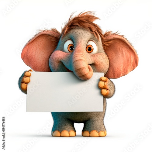 Surprised elephant holds a blank sign while displaying a quirky expression in a playful setting