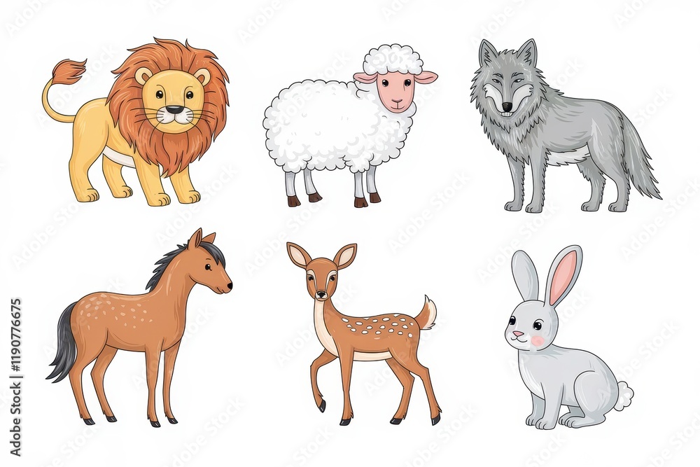 Fototapeta premium Adorable Cartoon Animals Collection Featuring Six Different Species